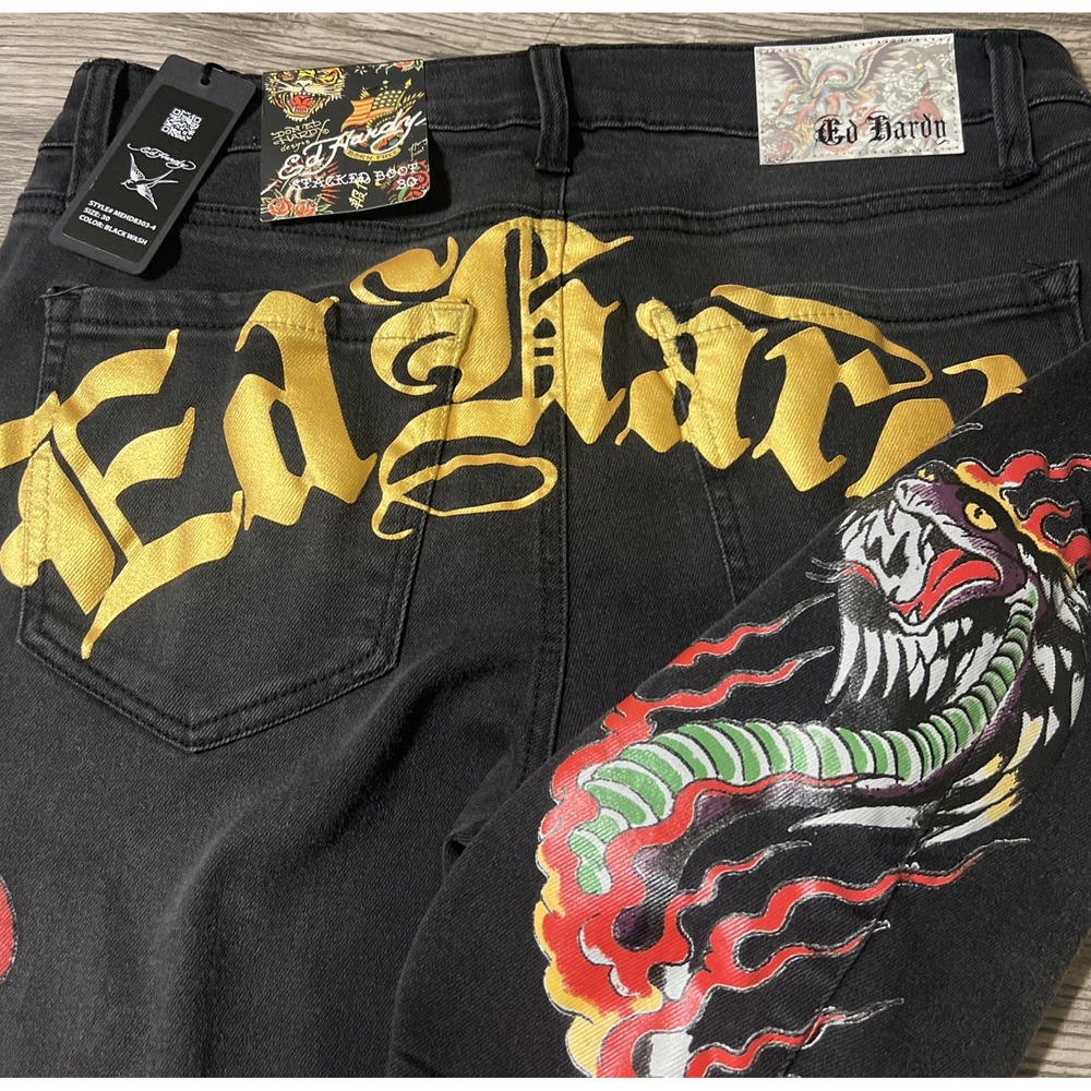 Ed Hardy Stacked Boot Black Denim Jeans Dragon Graphic Size 30x38 New With Tags